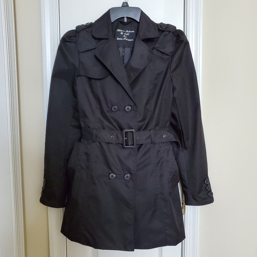 Black Double Breasted Belted Feminine Raincoat Trenchcoat Pretty Babydoll Size M